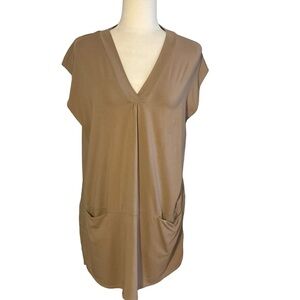 Garnet Hill Tan V-Neck Cap Sleeve Silk Back Panel Tunic Top Size S